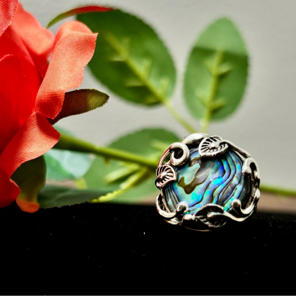 Vintage Sterling Silver Abalone Shell Ring Leaf Vine Nature Design Size 7